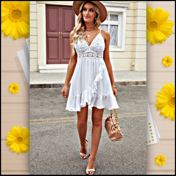 WHITE LACE SPLICING CRISS CROSS LACE-UP V NECK CAMI DRESS Sz M - Picture 2 of 16